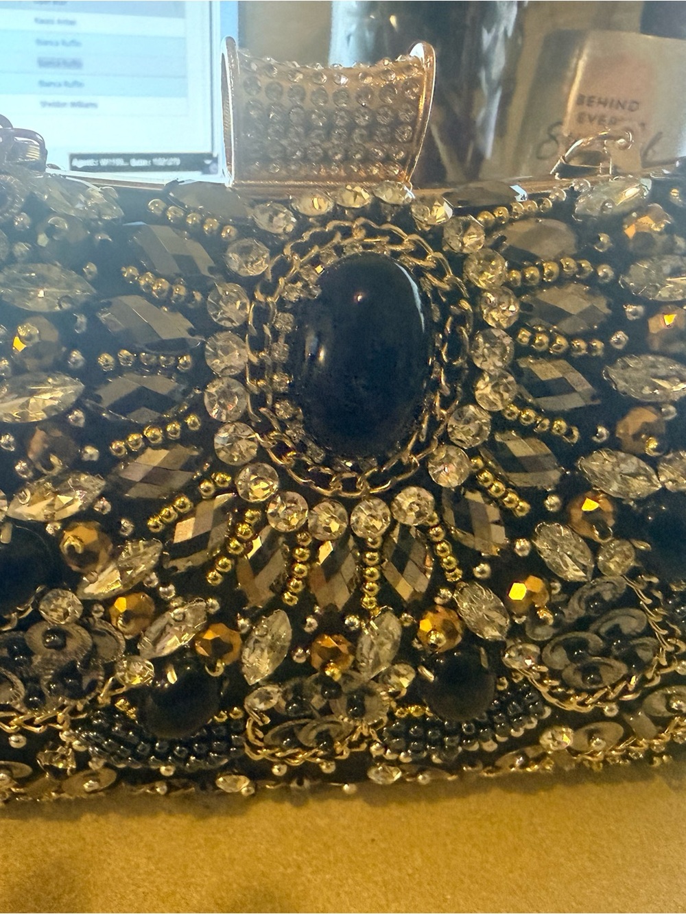 Bejeweled Black Evening Clutch with Gold Accents